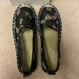BNWB Espadrilles Mesh Embroidered linen Black flat shoes 38 or 8